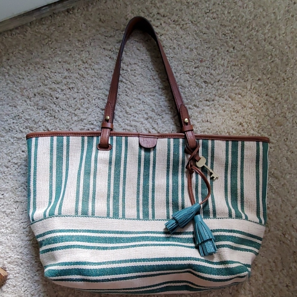 Fossil Women's Rachel Teal Stripe Tassel Tote